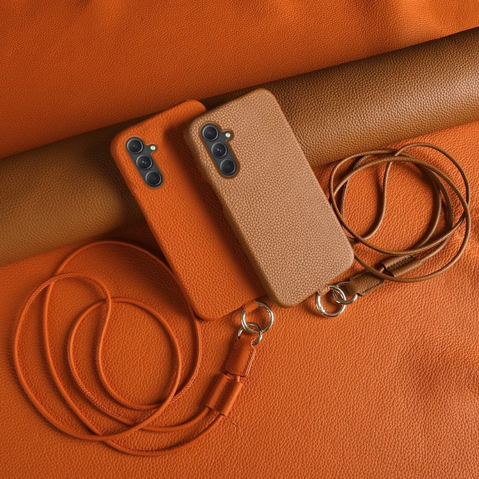 For Samsung Galaxy A54 5G Case with Lanyard Genuine Cow Leather PC Phone Back Cover - Orange - 5