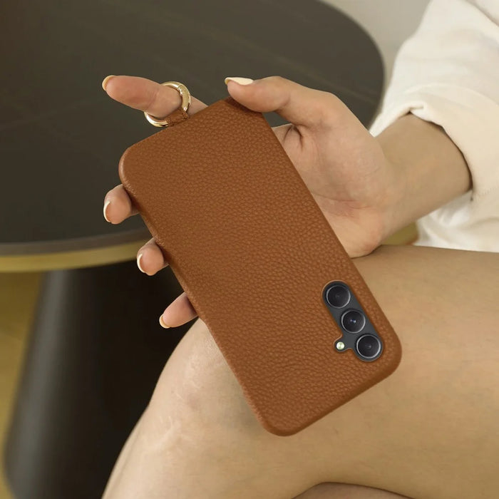 For Samsung Galaxy A54 5G Case with Lanyard Genuine Cow Leather PC Phone Back Cover - Orange - 6