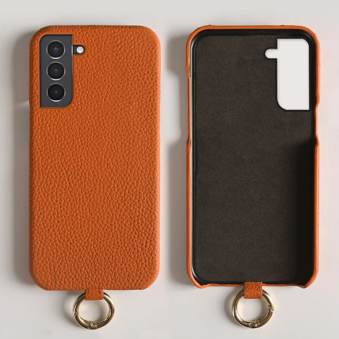 For Samsung Galaxy S21 4G / 5G Case with Lanyard Genuine Cow Leather PC Phone Back Cover - Orange - 2