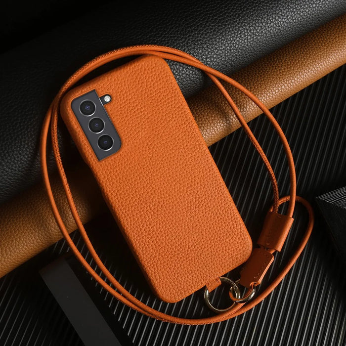 For Samsung Galaxy S21 4G / 5G Case with Lanyard Genuine Cow Leather PC Phone Back Cover - Orange - 4
