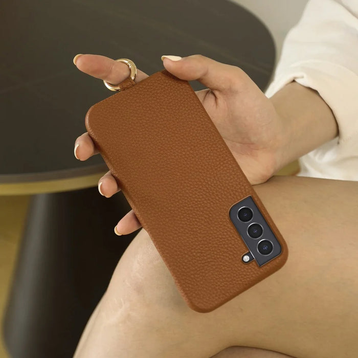 For Samsung Galaxy S21 4G / 5G Case with Lanyard Genuine Cow Leather PC Phone Back Cover - Orange - 6