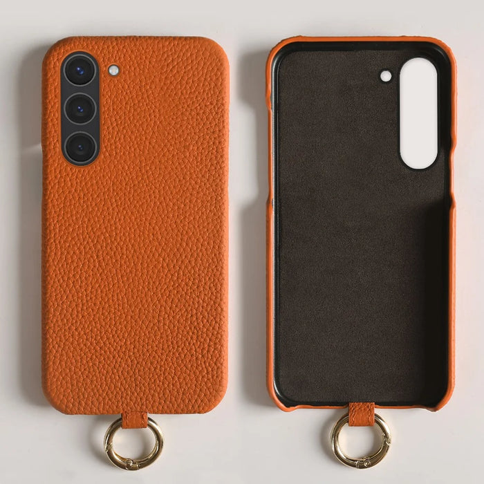 For Samsung Galaxy S23 Case with Lanyard Genuine Cow Leather PC Phone Back Cover - Orange - 2