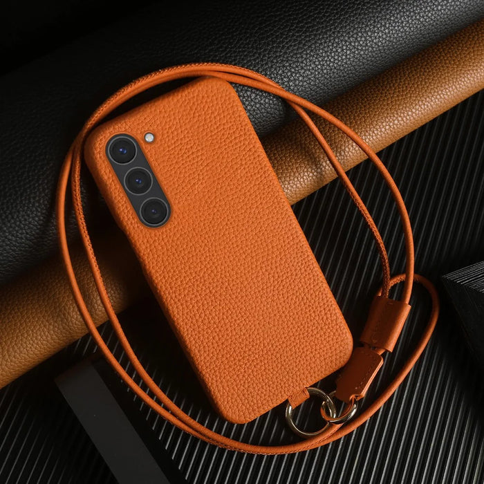 For Samsung Galaxy S23 Case with Lanyard Genuine Cow Leather PC Phone Back Cover - Orange - 3