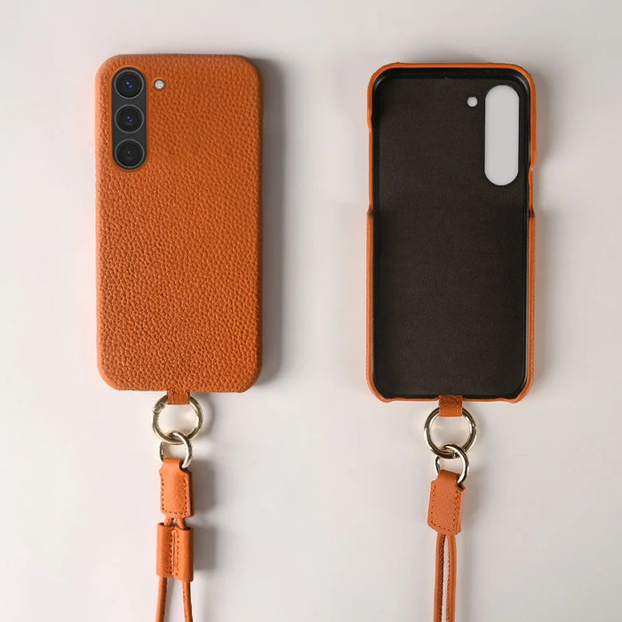 For Samsung Galaxy S23 Case with Lanyard Genuine Cow Leather PC Phone Back Cover - Orange - 4