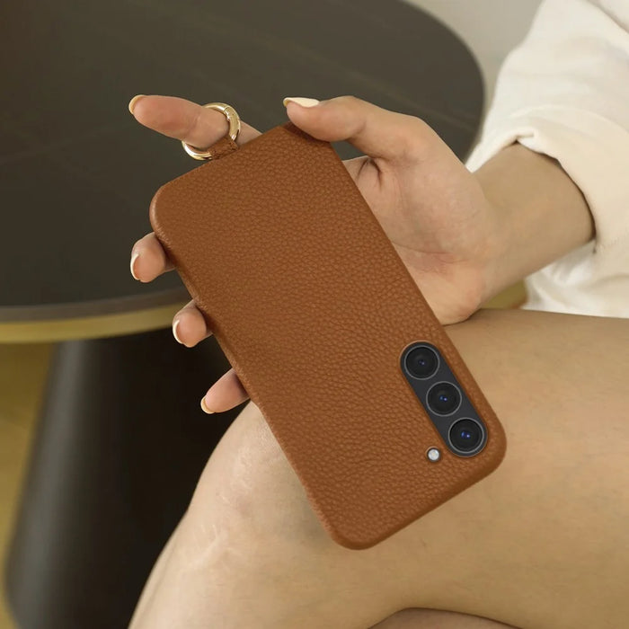 For Samsung Galaxy S23 Case with Lanyard Genuine Cow Leather PC Phone Back Cover - Orange - 6