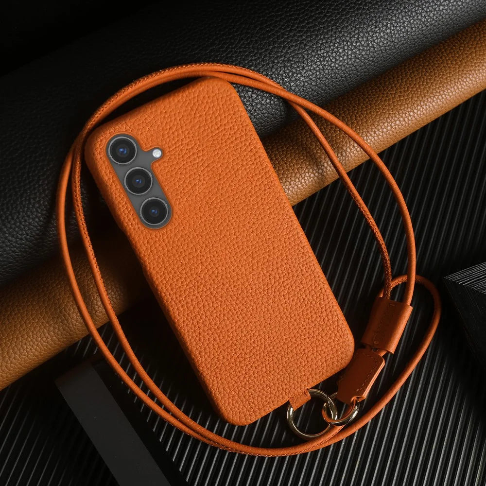 For Samsung Galaxy S24 Case with Lanyard Genuine Cow Leather PC Phone Back Cover - Orange - 3