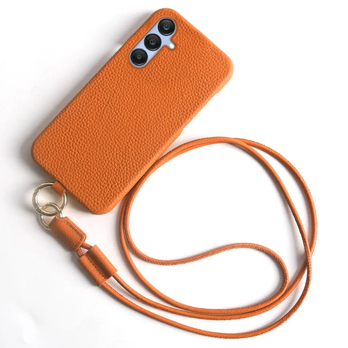 For Samsung Galaxy S23 FE Case with Lanyard Genuine Cow Leather PC Phone Back Cover - Orange - 1