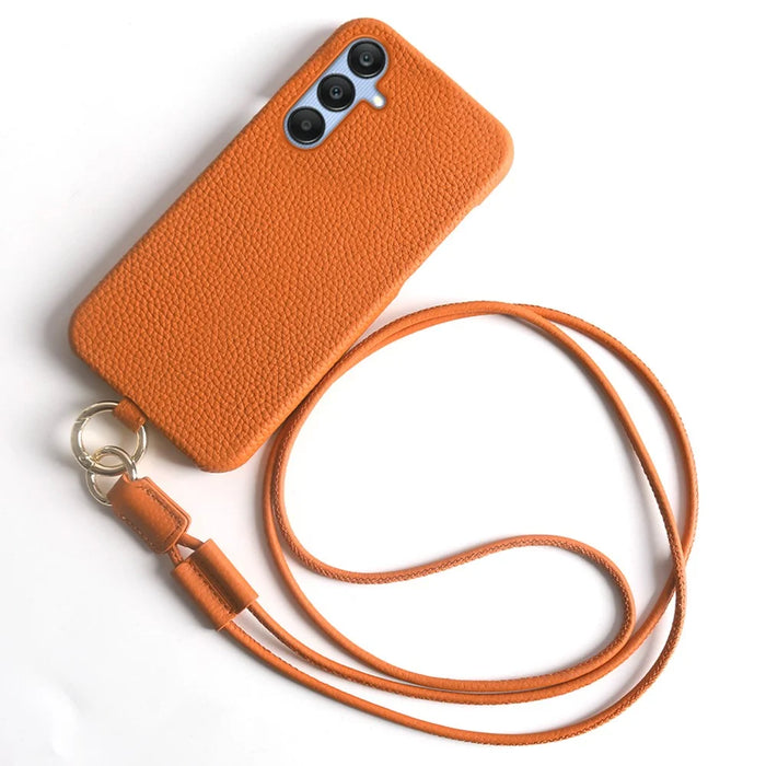 For Samsung Galaxy S23 FE Case with Lanyard Genuine Cow Leather PC Phone Back Cover - Orange - 1