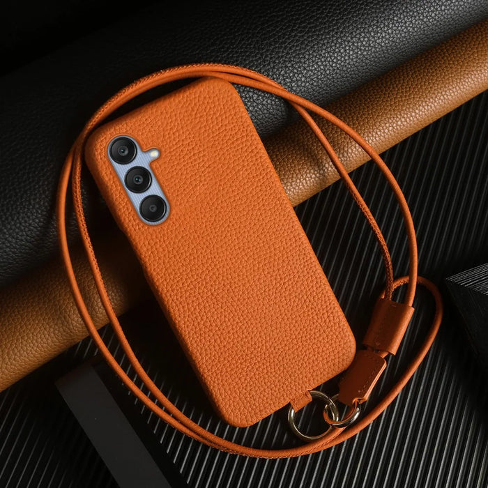 For Samsung Galaxy S23 FE Case with Lanyard Genuine Cow Leather PC Phone Back Cover - Orange - 4