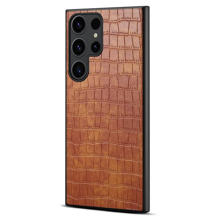 For Samsung Galaxy S25 Ultra Case Crocodile Texture Design Leather Slim Back Cover - Brown - 1