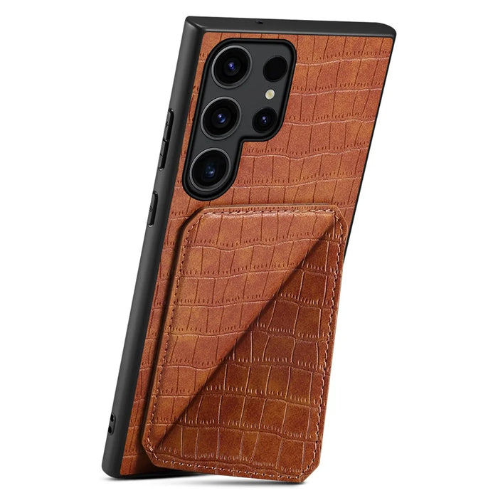 For Samsung Galaxy S25 Ultra Case with Card Holder Leather + PC + TPU Crocodile Textured Back Cover - Brown - 1