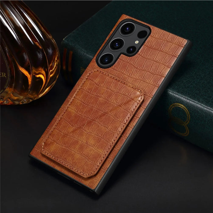 For Samsung Galaxy S25 Ultra Case with Card Holder Leather + PC + TPU Crocodile Textured Back Cover - Brown - 6