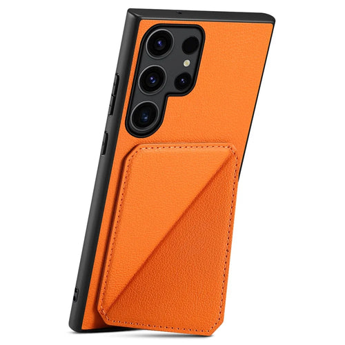 For Samsung Galaxy S25 Ultra Case Card Holder Kickstand Calf Textured Leather + PC + TPU Phone Cover - Orange - 1