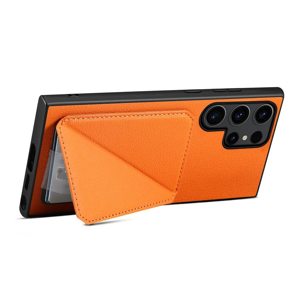 For Samsung Galaxy S25 Ultra Case Card Holder Kickstand Calf Textured Leather + PC + TPU Phone Cover - Orange - 2