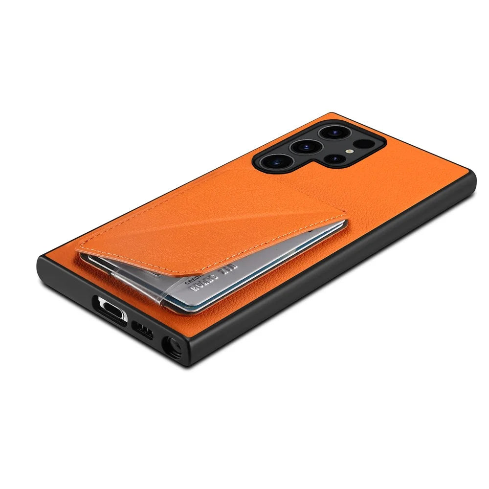 For Samsung Galaxy S25 Ultra Case Card Holder Kickstand Calf Textured Leather + PC + TPU Phone Cover - Orange - 3