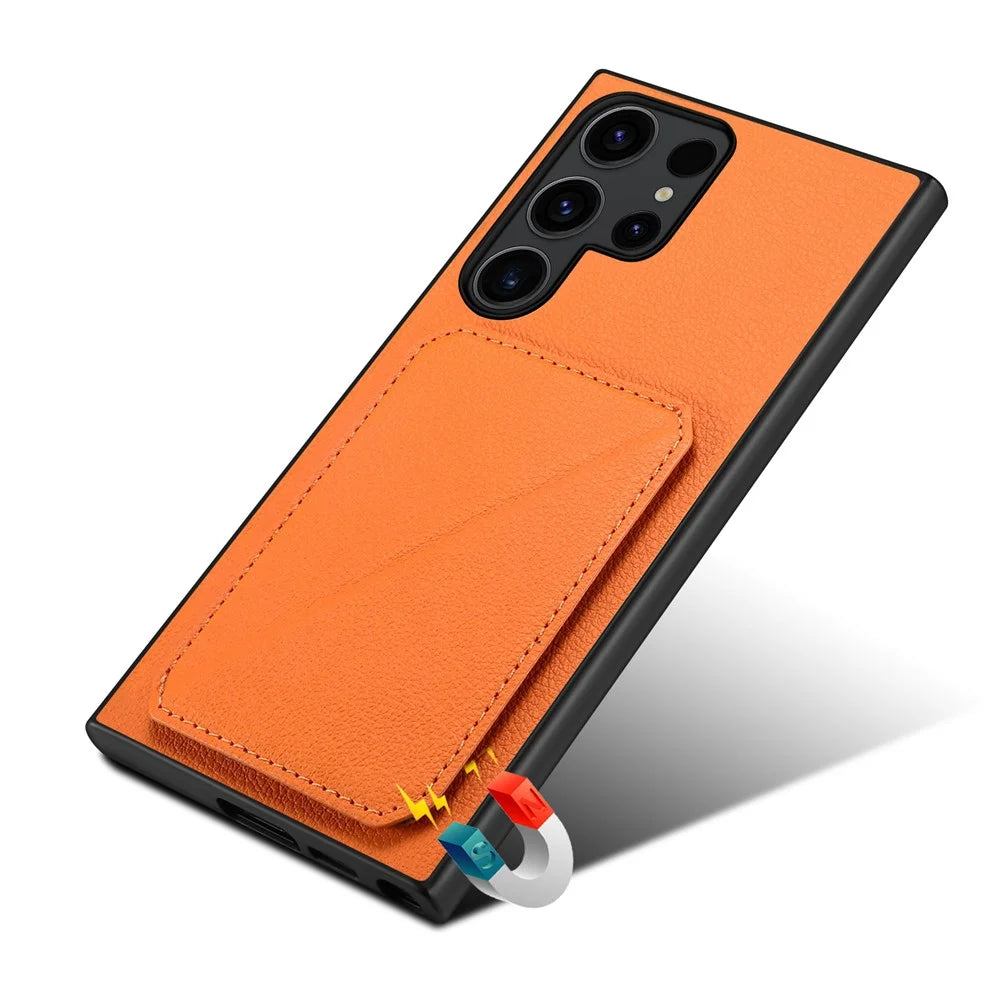 For Samsung Galaxy S25 Ultra Case Card Holder Kickstand Calf Textured Leather + PC + TPU Phone Cover - Orange - 4