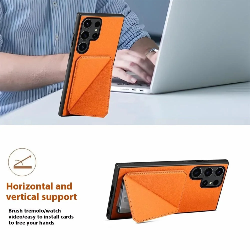 For Samsung Galaxy S25 Ultra Case Card Holder Kickstand Calf Textured Leather + PC + TPU Phone Cover - Orange - 5