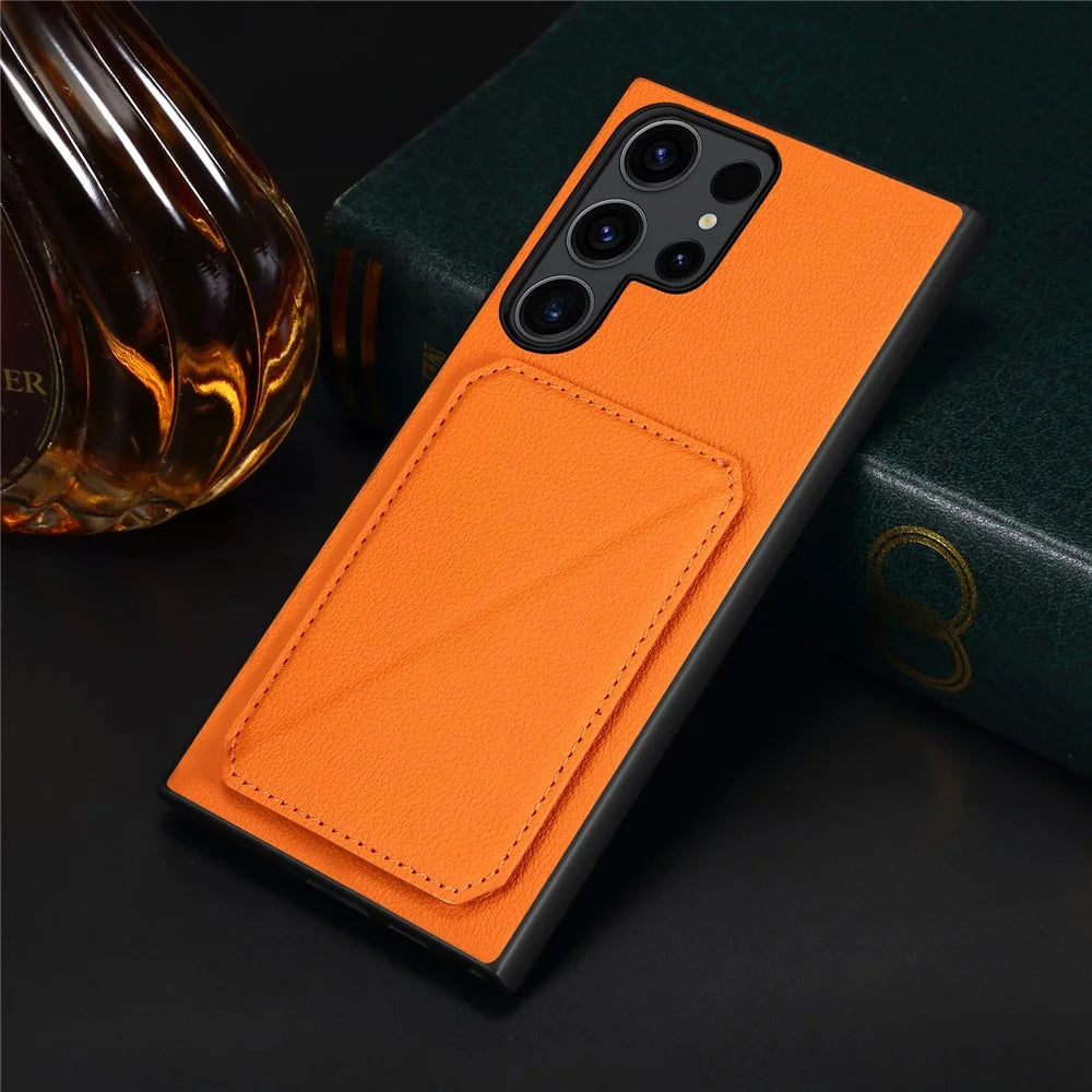 For Samsung Galaxy S25 Ultra Case Card Holder Kickstand Calf Textured Leather + PC + TPU Phone Cover - Orange - 6