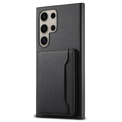 For Samsung Galaxy S25 Ultra Case with Card Slots Kickstand Calf Texture Leather Phone Back Cover - Black - 1