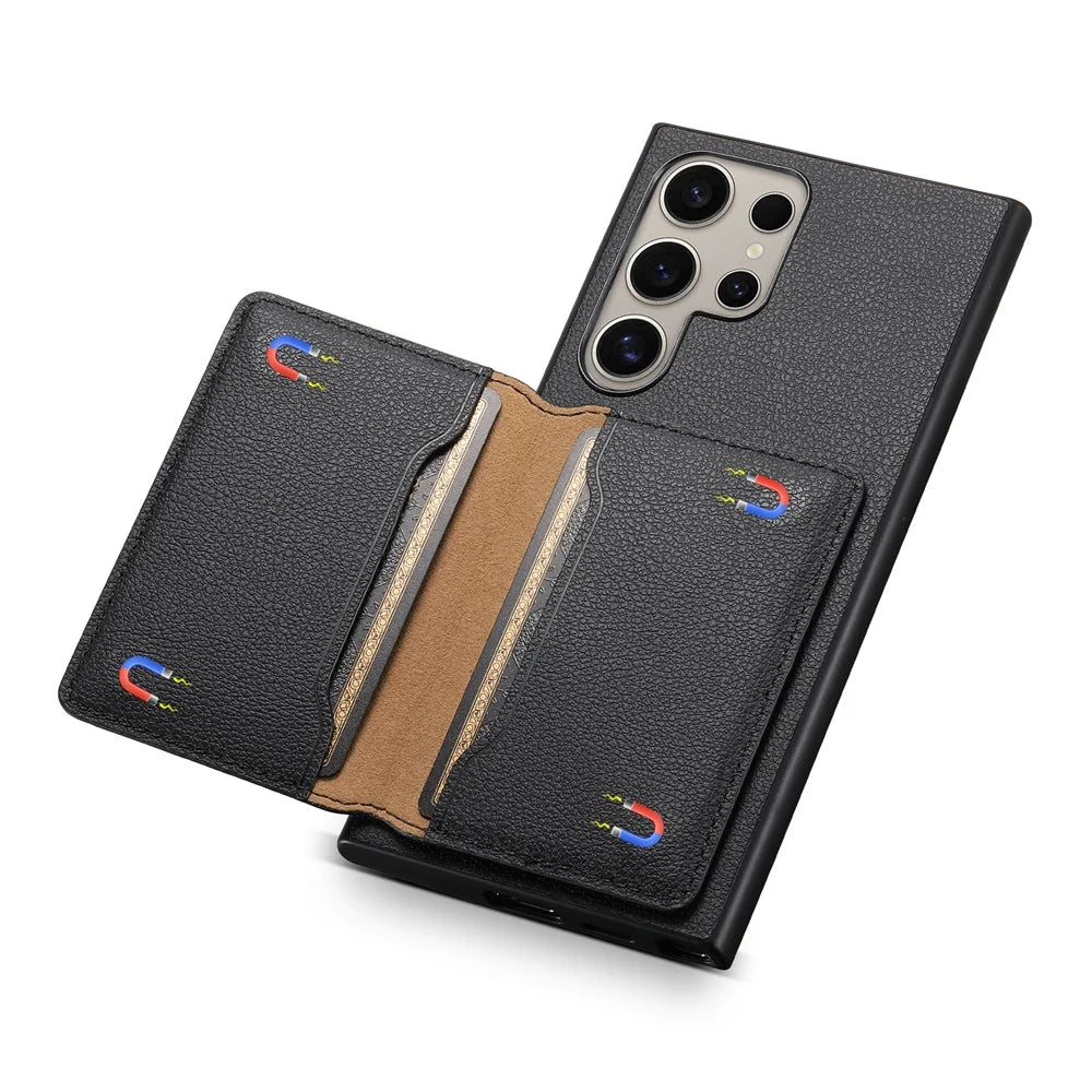 For Samsung Galaxy S25 Ultra Case with Card Slots Kickstand Calf Texture Leather Phone Back Cover - Black - 2