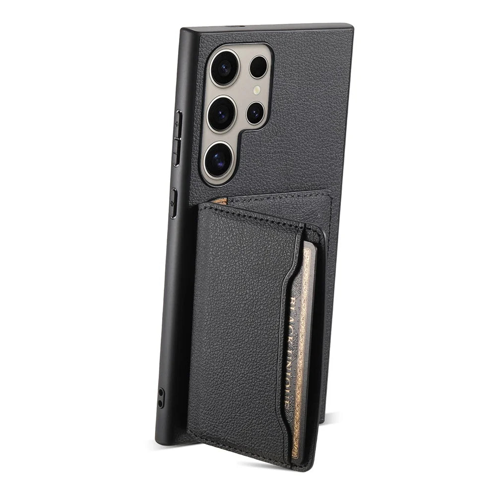 For Samsung Galaxy S25 Ultra Case with Card Slots Kickstand Calf Texture Leather Phone Back Cover - Black - 3