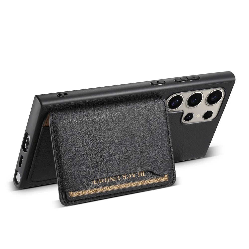 For Samsung Galaxy S25 Ultra Case with Card Slots Kickstand Calf Texture Leather Phone Back Cover - Black - 4
