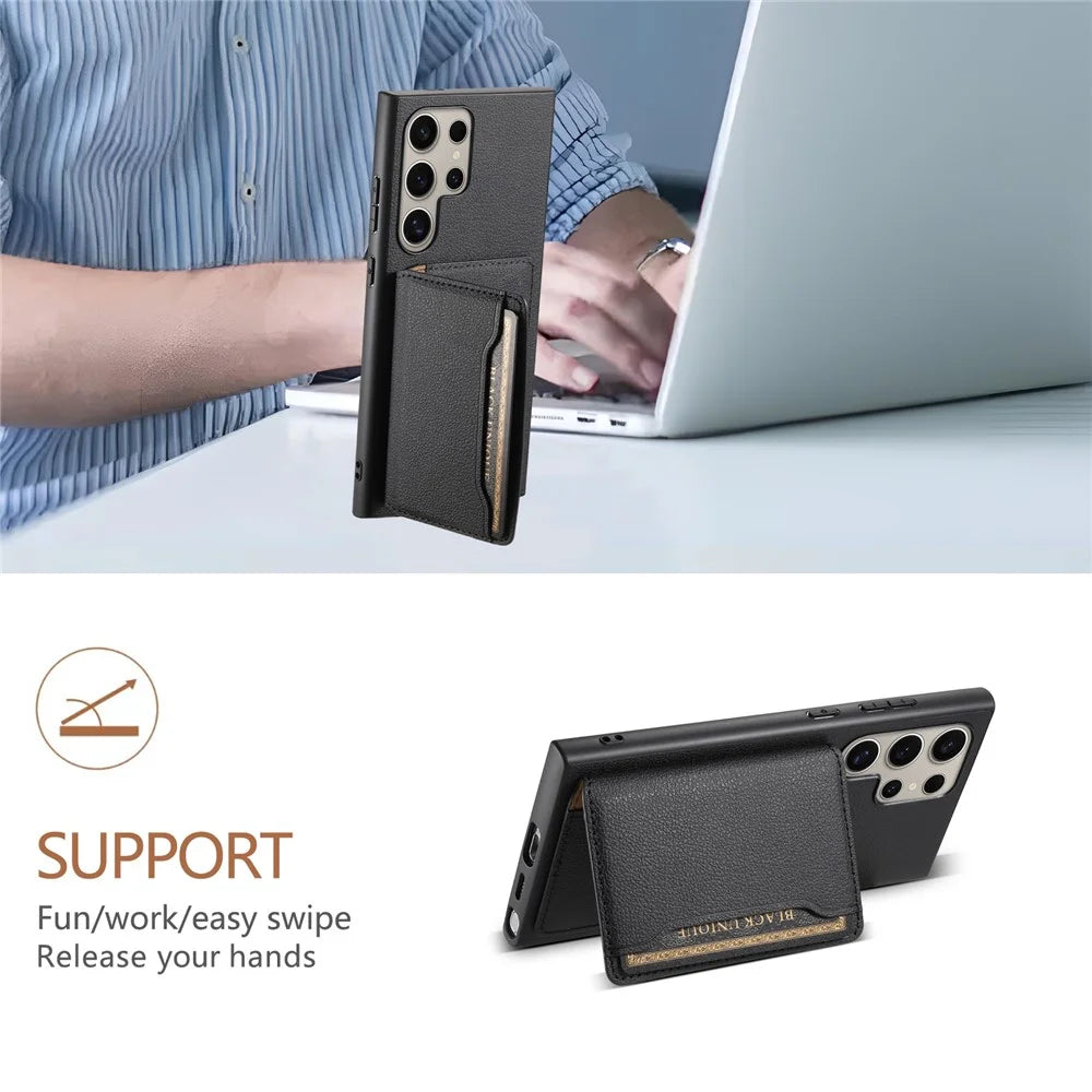 For Samsung Galaxy S25 Ultra Case with Card Slots Kickstand Calf Texture Leather Phone Back Cover - Black - 5