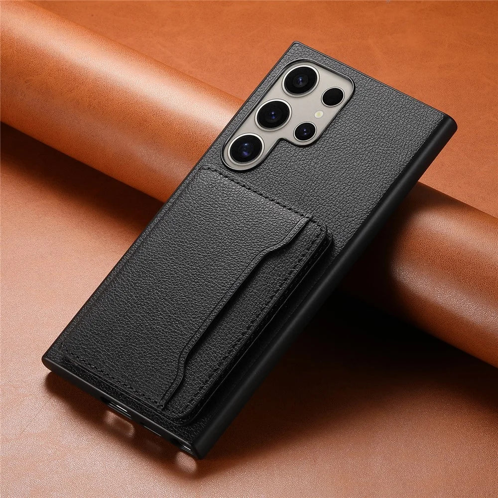 For Samsung Galaxy S25 Ultra Case with Card Slots Kickstand Calf Texture Leather Phone Back Cover - Black - 6