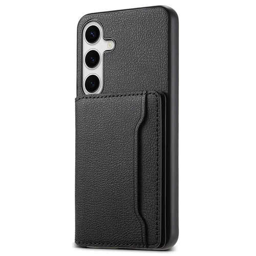 For Samsung Galaxy S25 Case with Card Slots Kickstand Calf Texture Leather Phone Back Cover - Black - 1