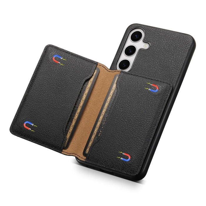 For Samsung Galaxy S25 Case with Card Slots Kickstand Calf Texture Leather Phone Back Cover - Black - 2