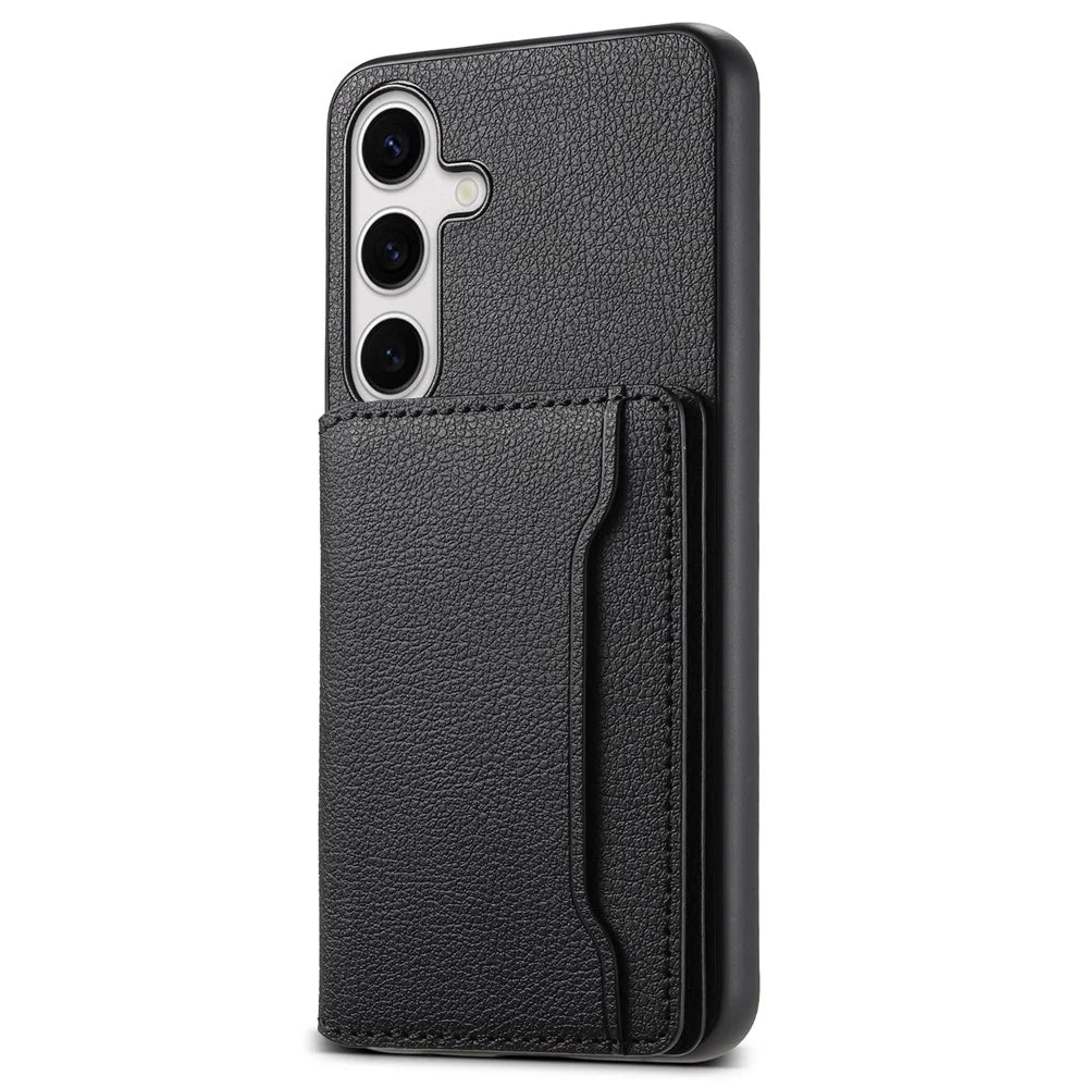 For Samsung Galaxy S25+ Case with Card Slots Kickstand Calf Texture Leather Phone Back Cover - Black - 1