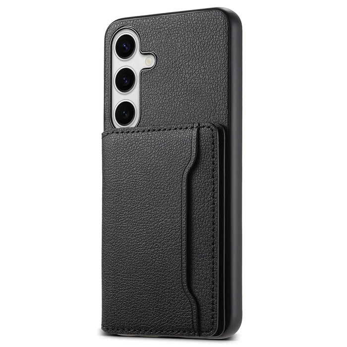 For Samsung Galaxy S25+ Case with Card Slots Kickstand Calf Texture Leather Phone Back Cover - Black - 1