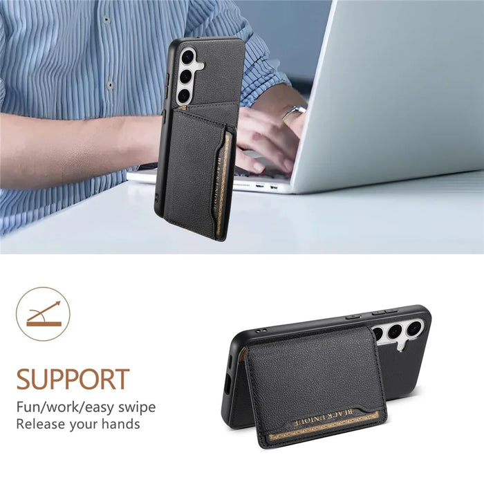For Samsung Galaxy S25+ Case with Card Slots Kickstand Calf Texture Leather Phone Back Cover - Black - 5