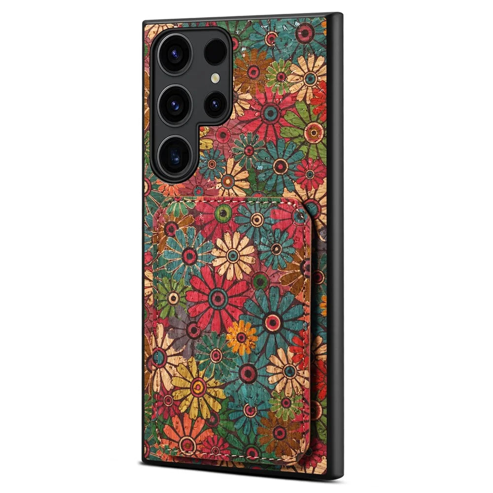 For Samsung Galaxy S25 Ultra Case with Card Holder Kickstand Flowers Design Leather Phone Cover - Spring / Green - 1