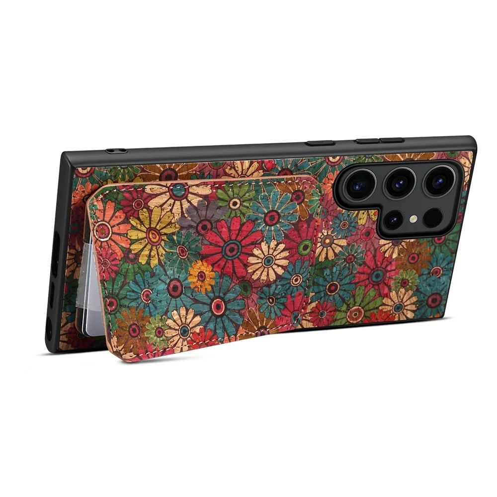 For Samsung Galaxy S25 Ultra Case with Card Holder Kickstand Flowers Design Leather Phone Cover - Spring / Green - 3