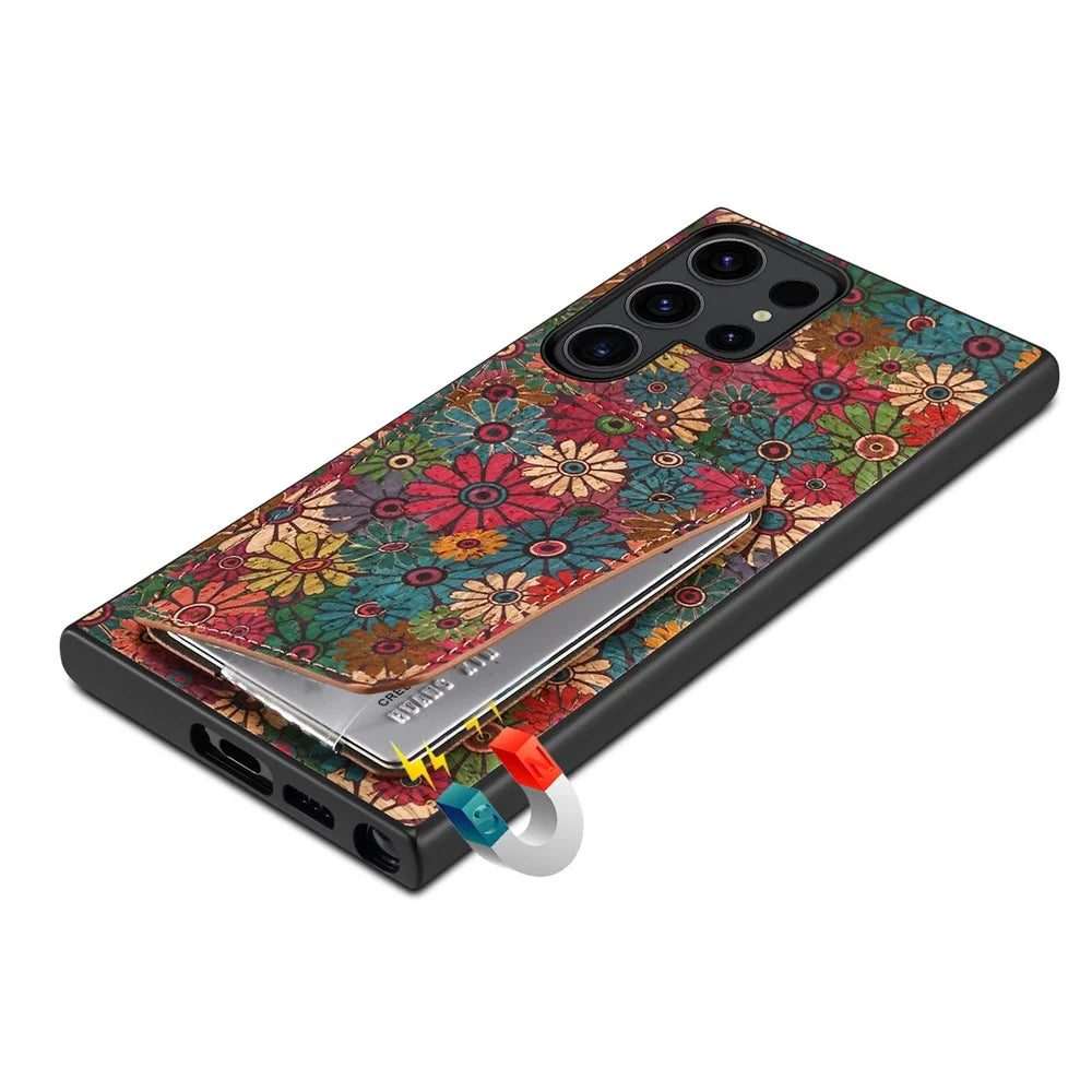 For Samsung Galaxy S25 Ultra Case with Card Holder Kickstand Flowers Design Leather Phone Cover - Spring / Green - 4