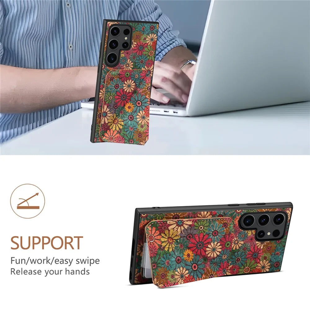 For Samsung Galaxy S25 Ultra Case with Card Holder Kickstand Flowers Design Leather Phone Cover - Spring / Green - 5