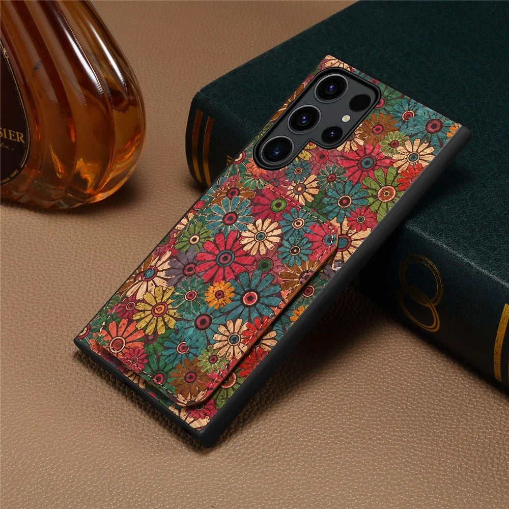 For Samsung Galaxy S25 Ultra Case with Card Holder Kickstand Flowers Design Leather Phone Cover - Spring / Green - 6