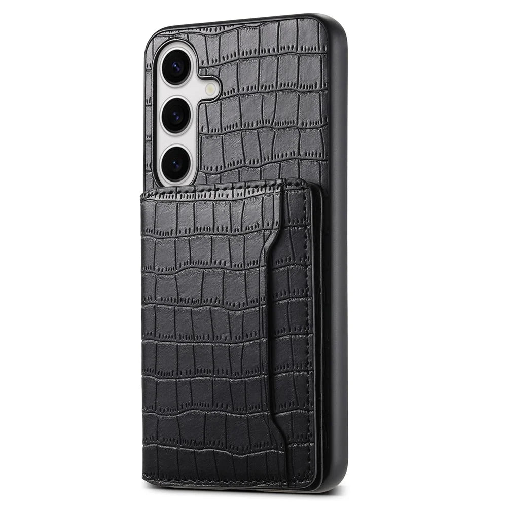 For Samsung Galaxy S25 Case Card Holder Kickstand Crocodile Texture Leather Back Phone Cover - Black - 1