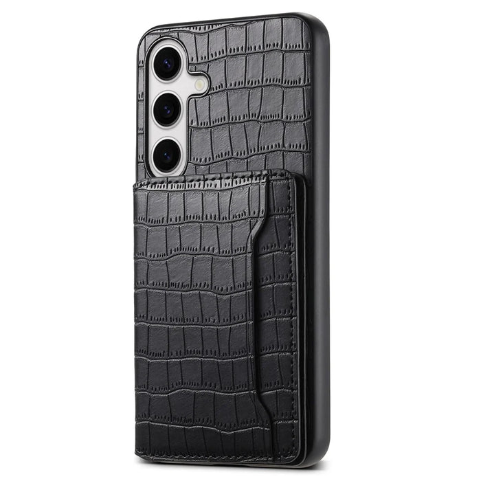 For Samsung Galaxy S25+ Case Card Holder Kickstand Crocodile Texture Leather Back Phone Cover - Black - 1