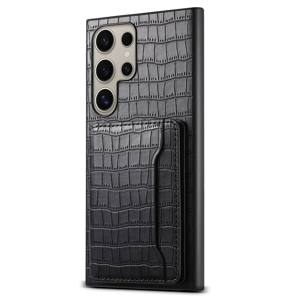 For Samsung Galaxy S25 Ultra Case Card Holder Kickstand Crocodile Texture Leather Back Phone Cover - Black - 1