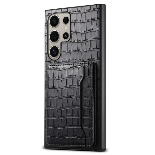 For Samsung Galaxy S25 Ultra Case Card Holder Kickstand Crocodile Texture Leather Back Phone Cover - Black - 1