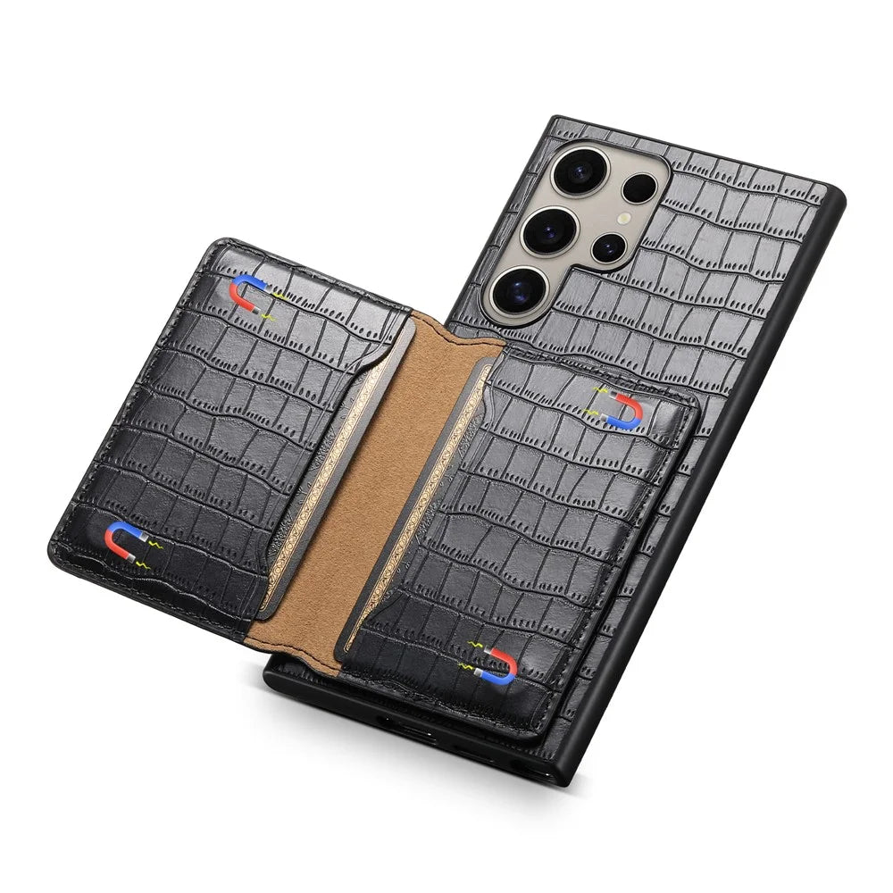 For Samsung Galaxy S25 Ultra Case Card Holder Kickstand Crocodile Texture Leather Back Phone Cover - Black - 2
