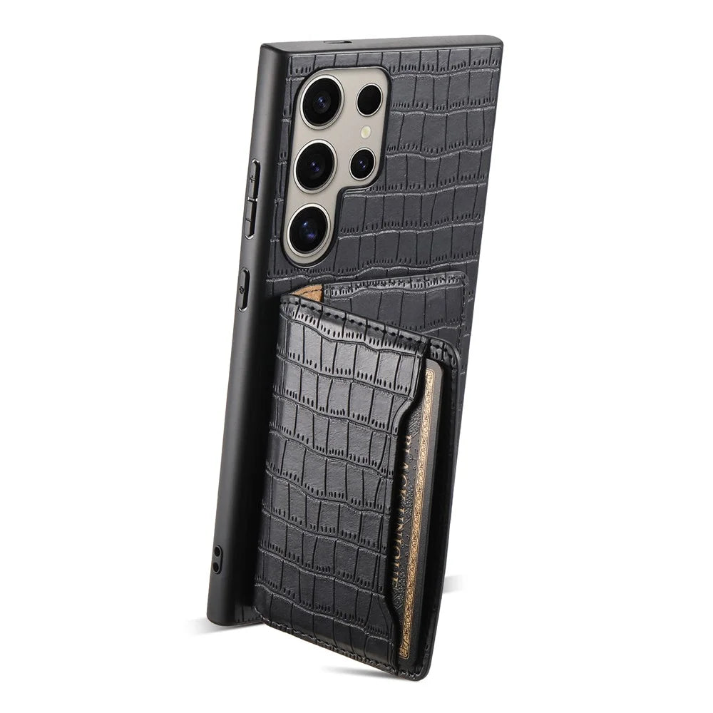 For Samsung Galaxy S25 Ultra Case Card Holder Kickstand Crocodile Texture Leather Back Phone Cover - Black - 3