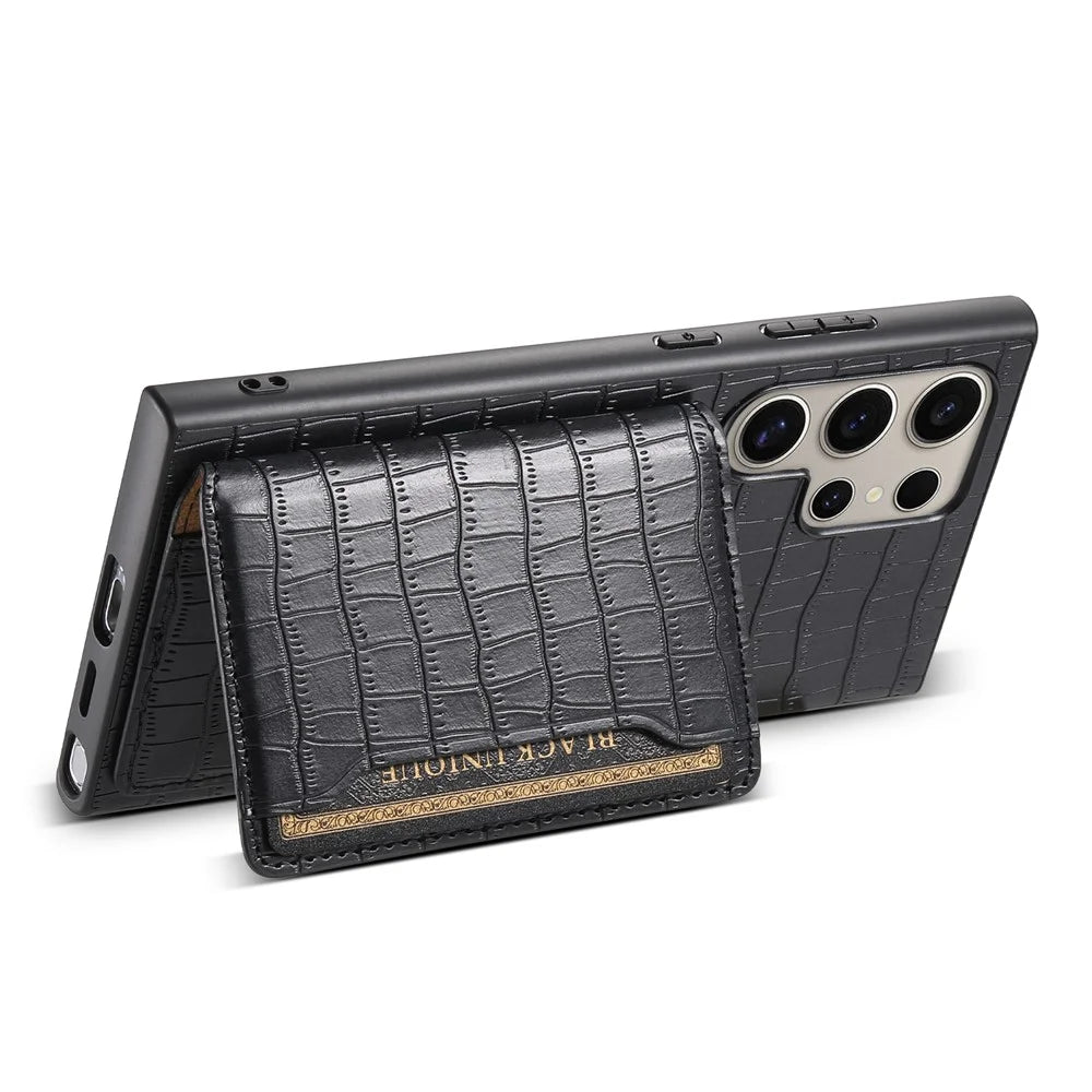 For Samsung Galaxy S25 Ultra Case Card Holder Kickstand Crocodile Texture Leather Back Phone Cover - Black - 4