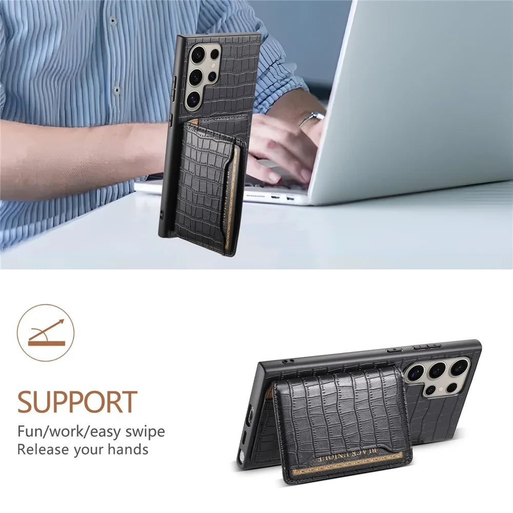 For Samsung Galaxy S25 Ultra Case Card Holder Kickstand Crocodile Texture Leather Back Phone Cover - Black - 5