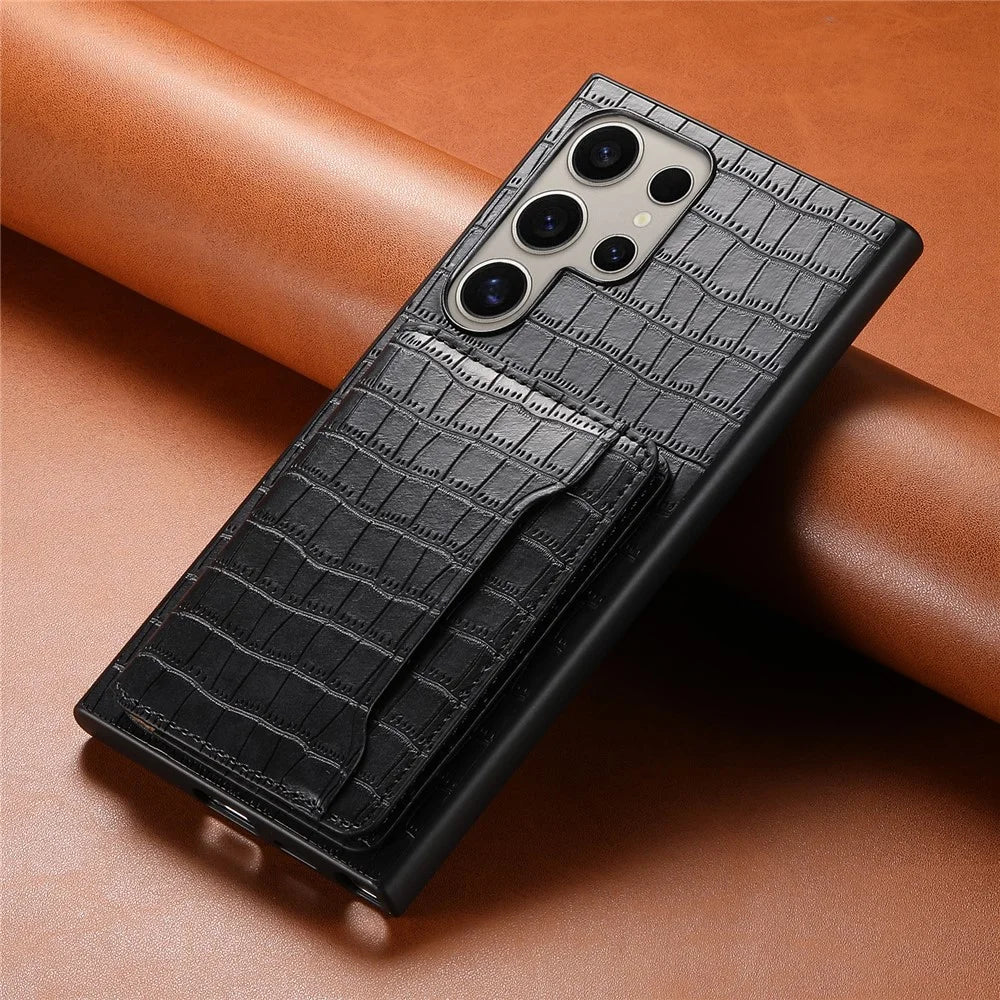 For Samsung Galaxy S25 Ultra Case Card Holder Kickstand Crocodile Texture Leather Back Phone Cover - Black - 6