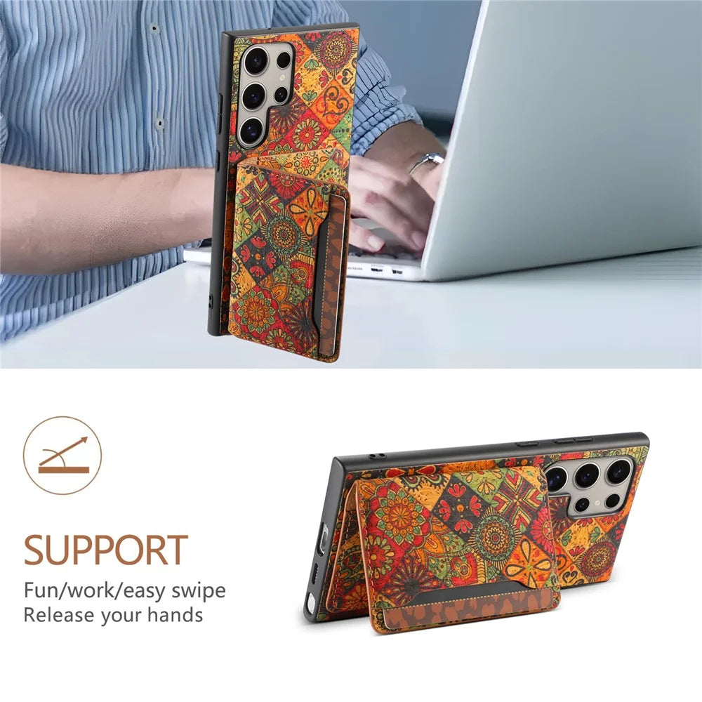 For Samsung Galaxy S25 Ultra Case Flower Print Leather + PC + TPU Cover with Card Holder Kickstand - Autumn / Yellow - 5