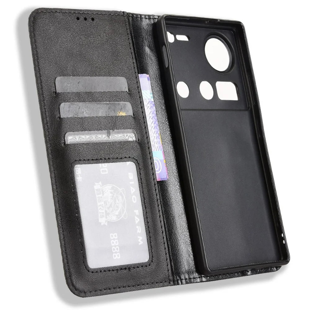 For ZTE nubia Z70S Ultra 5G / nubia Z70 Ultra 5G Leather Case Wallet Stand Retro Texture Phone Cover - Black - 5