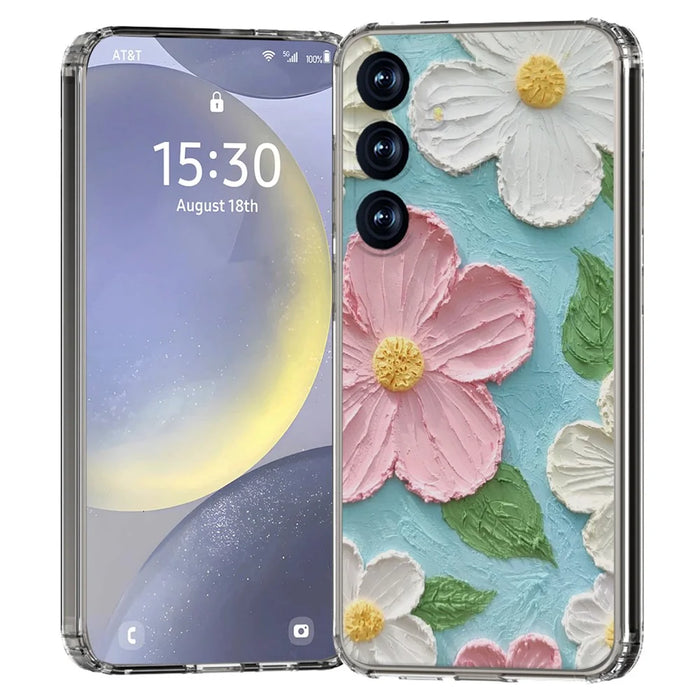 For Samsung Galaxy S25 Phone Case IMD Pattern Print PC TPU Mobile Cover - Pink White Flower - 1